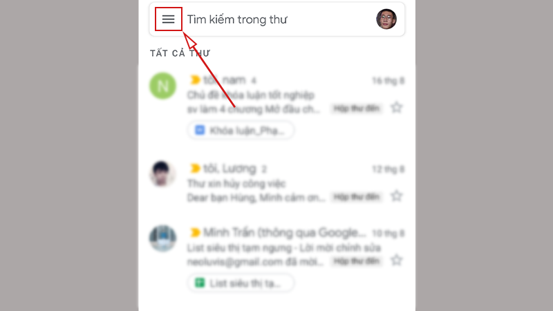 Giao diện Gmail trên điện thoại Android